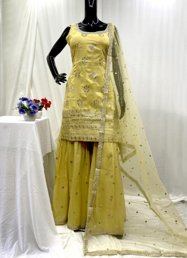 Shimmer Silk Yellow Wedding Wear Sequence Work Readymade Sharara Suit